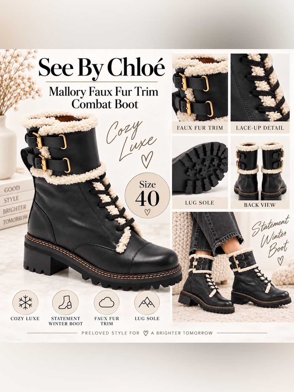 See by Chloé Mallory Faux Fur Trim Leather Combat Boots Black Size 40 NWOT